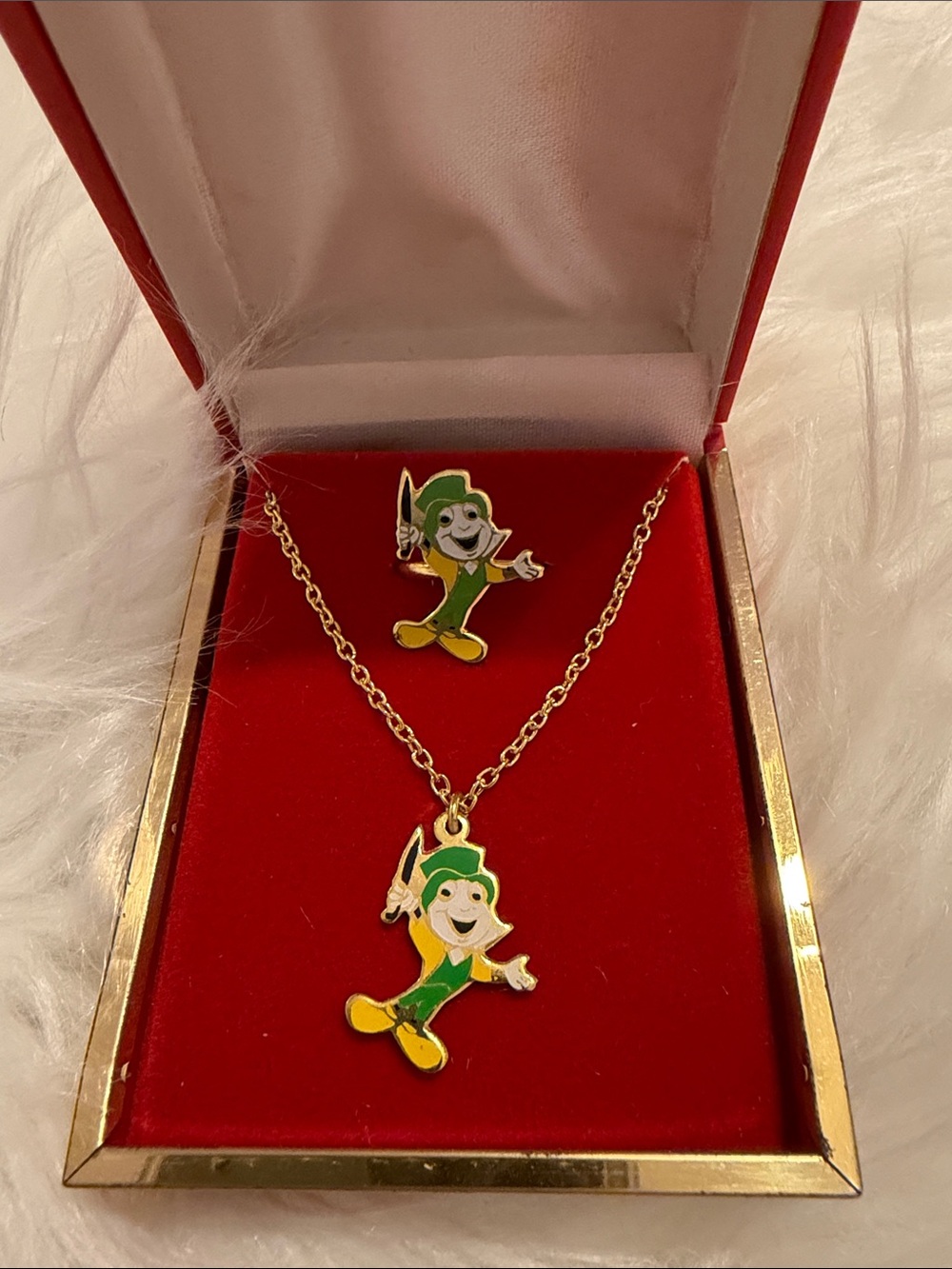 Vintage Disney Jiminy Cricket Adjustable Ring and Necklace Gold Tone Enameled